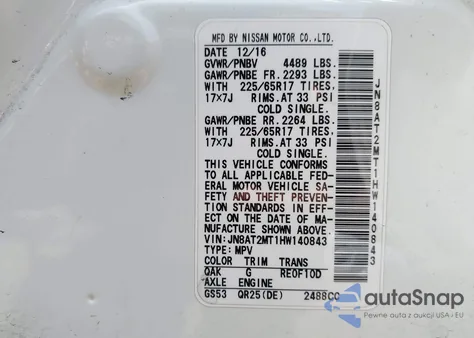 2017 Nissan Rogue S z USA, uszkodzony, nr VIN JN8AT2MT1HW140843